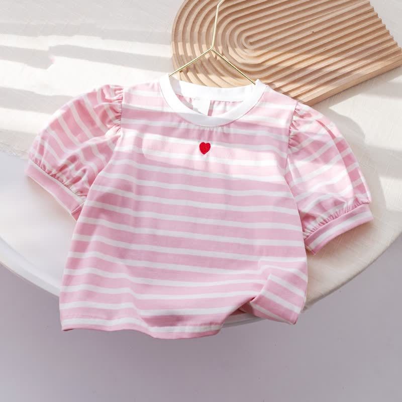 Toddler Baby Girl Pink Heart Striped Puff Sleeve Top and Skirt 2-piece Set - image 3
