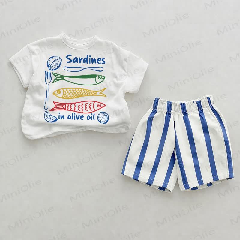 SARDINES IN OLIVE OIL Baby Blue Vertical Striped 2-piece Shorts Set - White&Blue - 2-3T - image 1