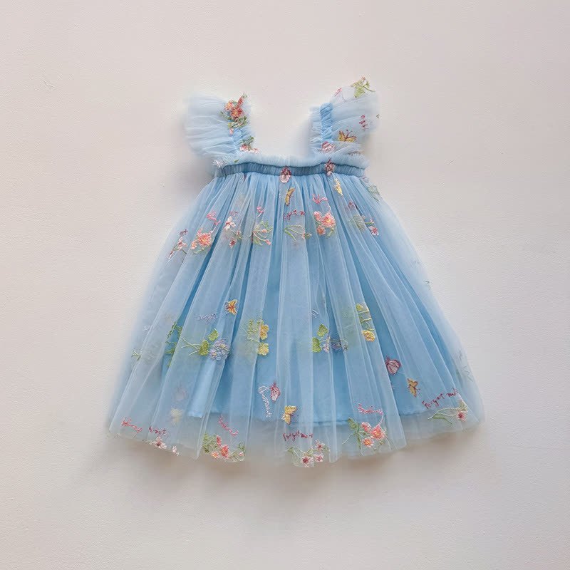 Toddler Girl Flower Mesh Flying Sleeves Dress - Blue - 5-7T - image 9