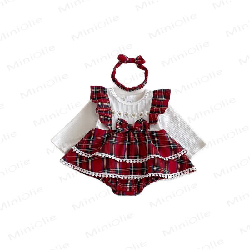 Baby Plaid Daisy Fake 2pcs Bodysuit with Headband - image 5