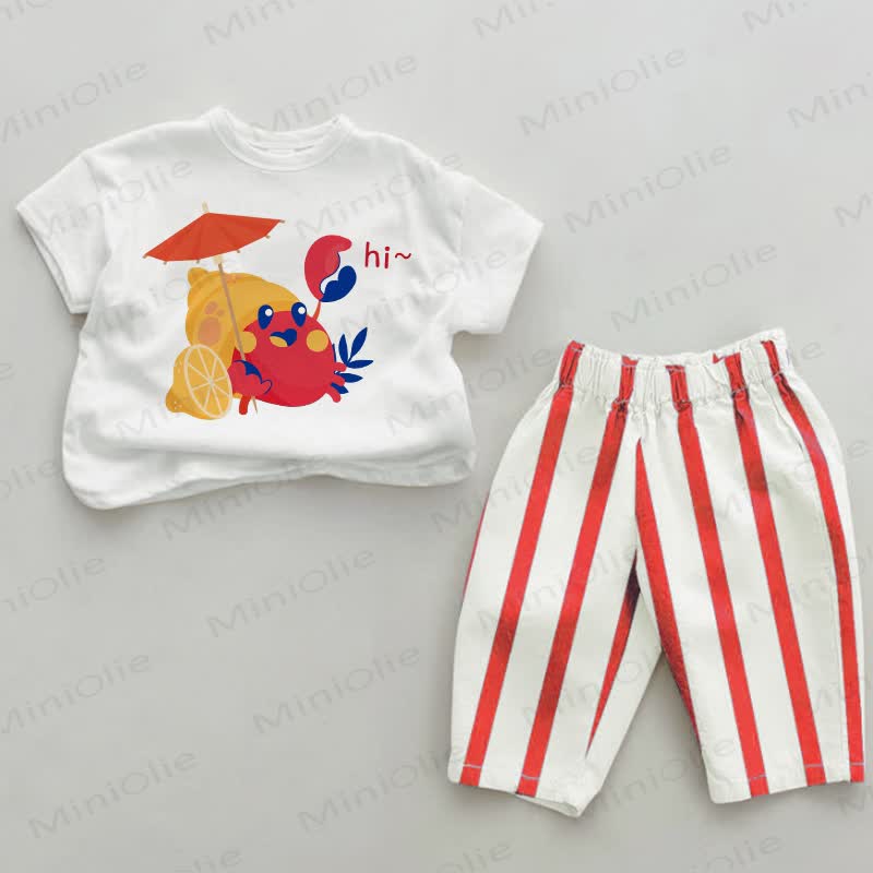 HI~ Baby Red Crab Vertical Striped 2-piece Set - White&Red - 2-3T - image 1