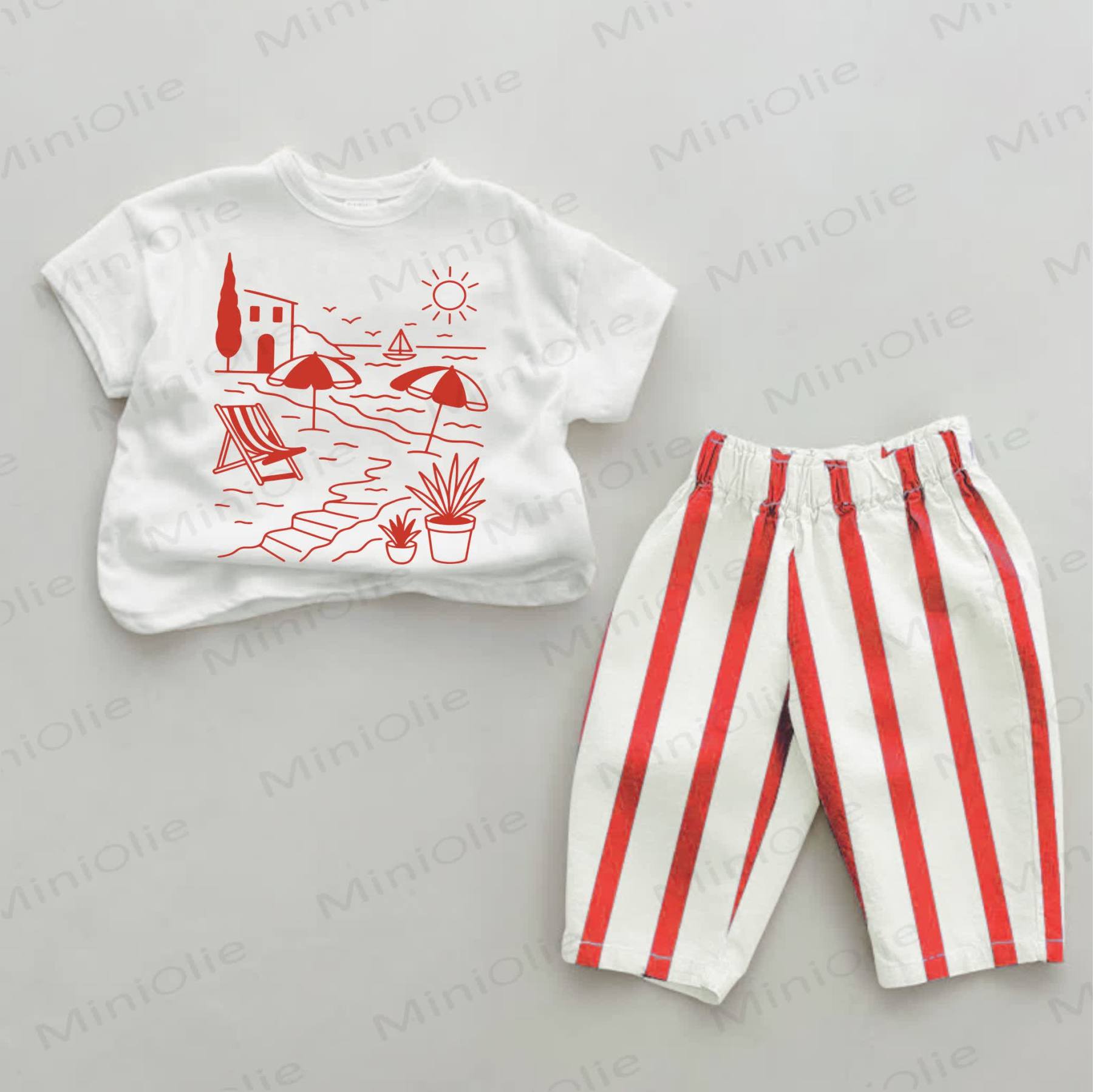 Baby Beach Vacation Print Red Striped 2-piece Set - White&Red - 2-3T - image 1