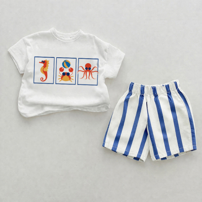 Baby Blue Marine Animal Prints Vertical Striped 2-piece Shorts Set - White&Blue - 2-3T - image 1