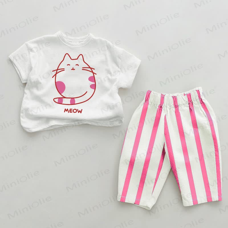 MEOW Baby Cute Cat Pink Vertical Striped 2-piece Set - White&Pink - 2-3T - image 1