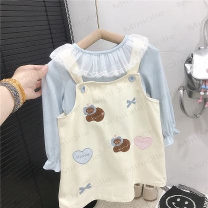 HAPPY Toddler Kid Girl Bow Plaid Love Cat Beige Dress & Blue Top - image 4