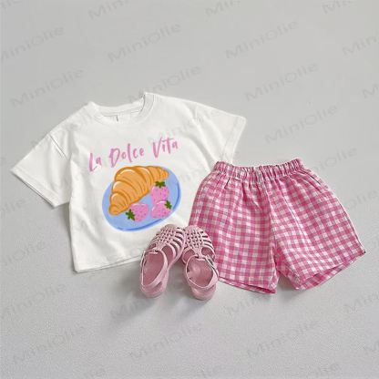 LA DOLCE VITA Baby Croissant Print Tee and Pink Plaid Shorts 2-Piece Set - White&Pink - 3-5T - image 1