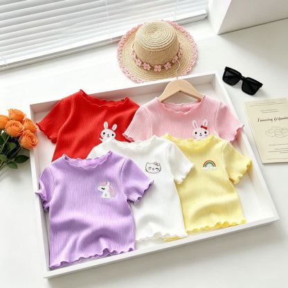 Toddler Baby Girl Ribbed Animal Embroidered Ruffle Trim T-Shirt - image 7
