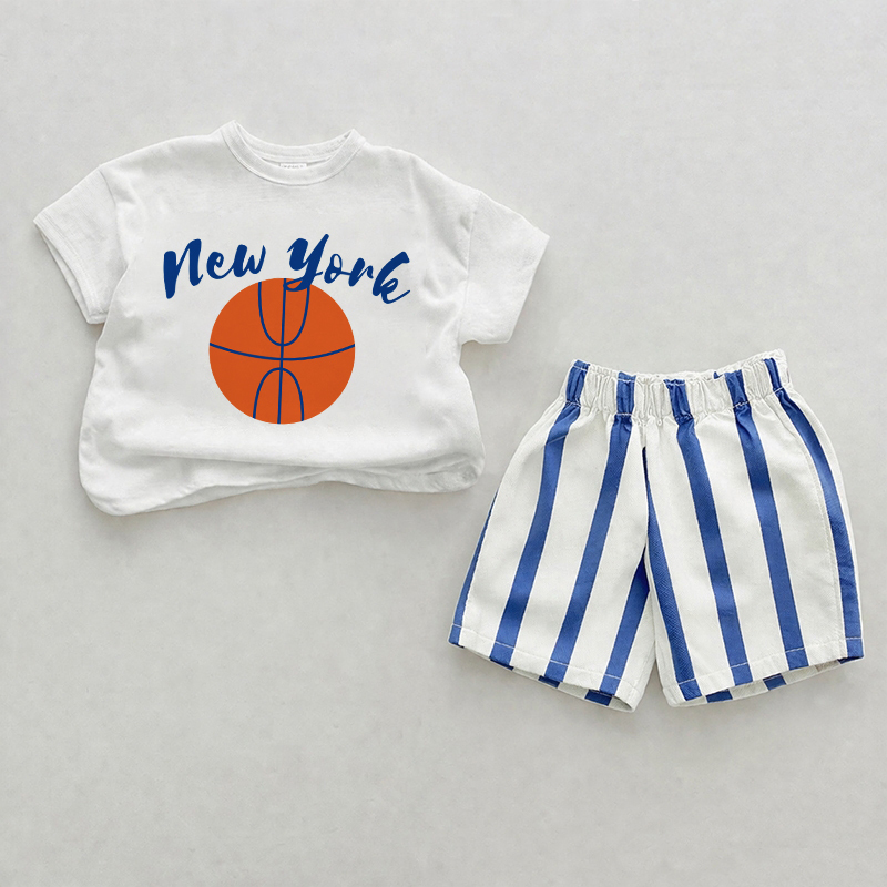 NEW YORK Baby Blue Basketball Vertical Striped 2-piece Shorts Set - White&Blue - 2-3T - image 1
