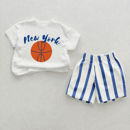 NEW YORK Baby Blue Basketball Vertical Striped 2-piece Shorts Set - White&Blue - 2-3T - image 1