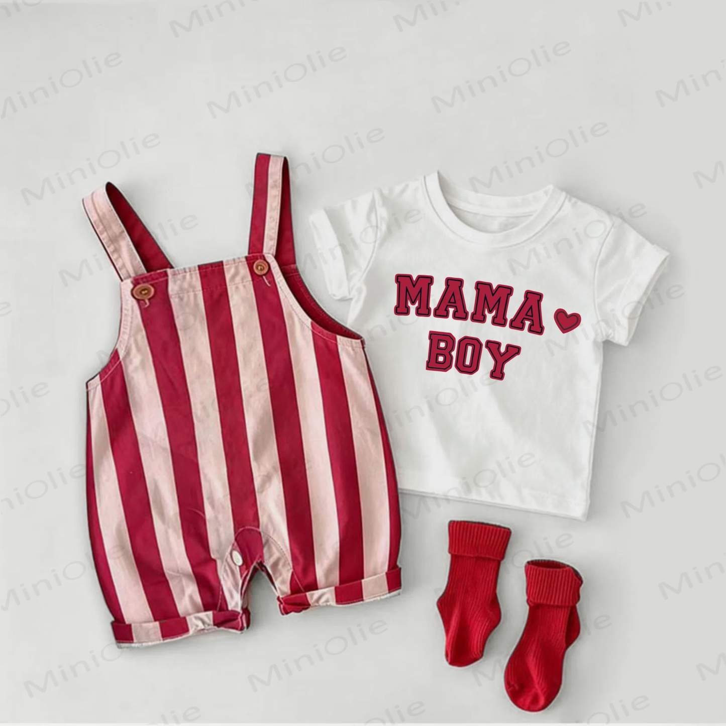 MAMA BOY Baby Boys Red Stripe Overalls and White Tee 2-piece Set - White&Red - 2-3T - image 1