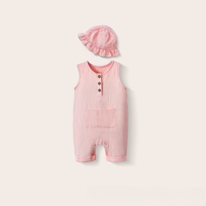 Baby Solid Color Pocket Sleeveless Romper with Hat - Light Pink - 12-18M - image 7