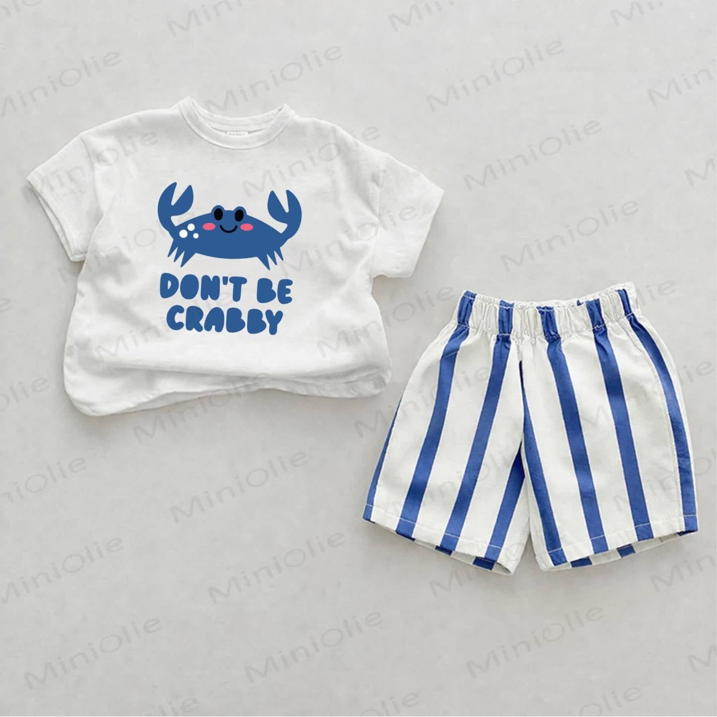 DON'T BE CRABBY Baby Crab Print Blue Vertical Striped 2-piece Shorts Set - White&Blue - 2-3T - image 1