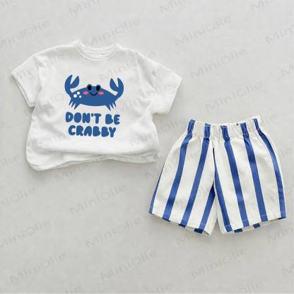 DON'T BE CRABBY Baby Crab Print Blue Vertical Striped 2-piece Shorts Set - White&Blue - 2-3T - image 1