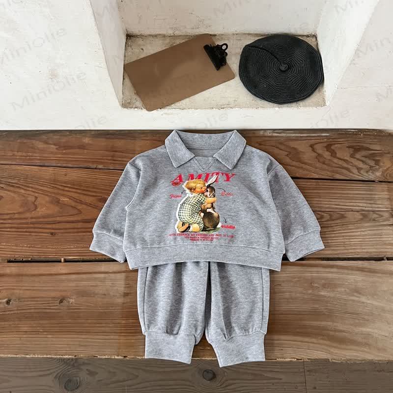Toddler Baby Animal Print Collared Sweatshirt and Cuffed Pants 2-piece Set - Gray - 4-5T - image 4