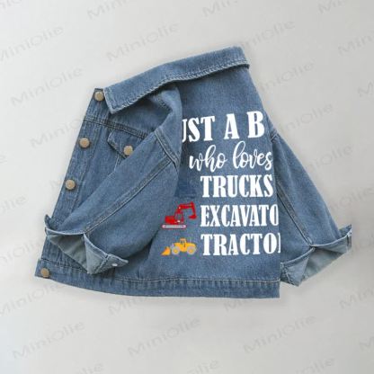 JUST A BOY WHO LOVES TRUCKS EXCAVATORS TRACTORS Toddler Kid Denim Jacket - Blue - 10-11T - image 1