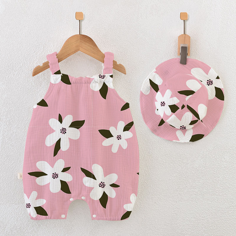 Baby White Flower Romper with Hat - Pink - 18-24M - image 1