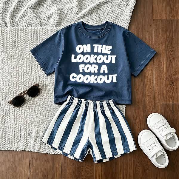 ON THE LOOKOUT FOR A COOKOUT Baby Tee and Striped Shorts 2-Piece Set - Blue - 3-5T - image 1