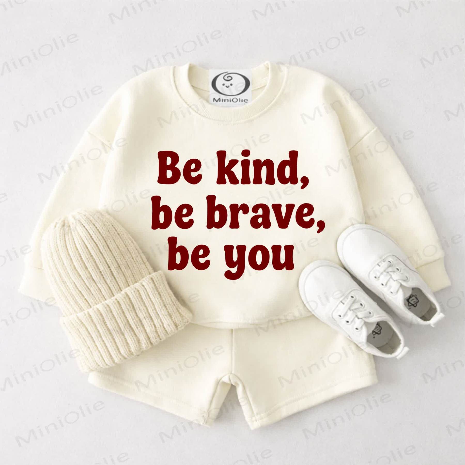 BE KIND BE BRAVE BE YOU Baby Cream White Sweatshirt and Shorts 2-piece Set - Cream White - 3-4T - image 1
