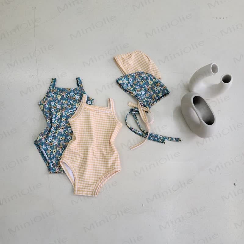 Baby Dot Floral Suspender Swimsuit with Hat - image 3