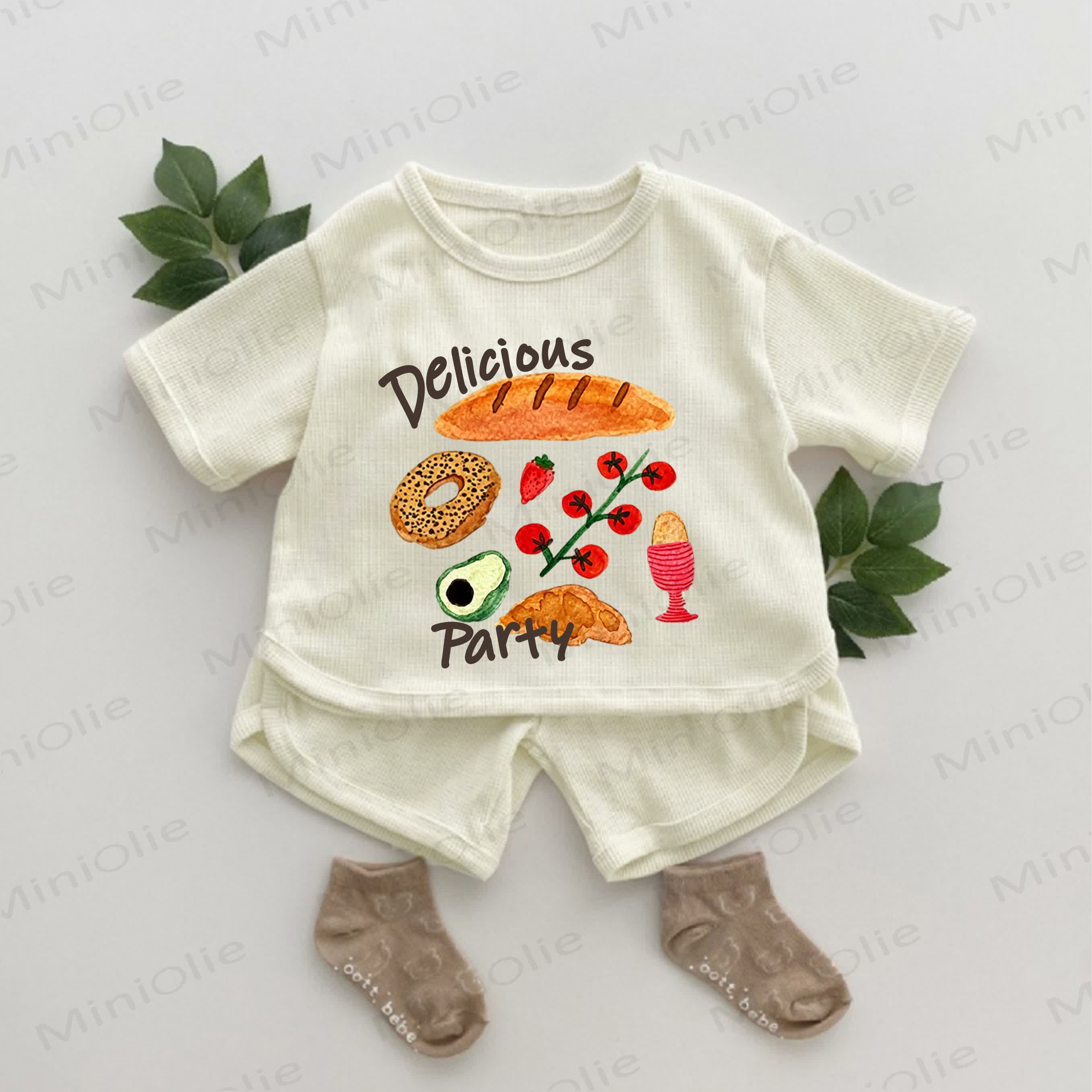 DELICIOUS PARTY Baby Food Print Waffle 2-piece Set - Apricot - 2-3T - image 1