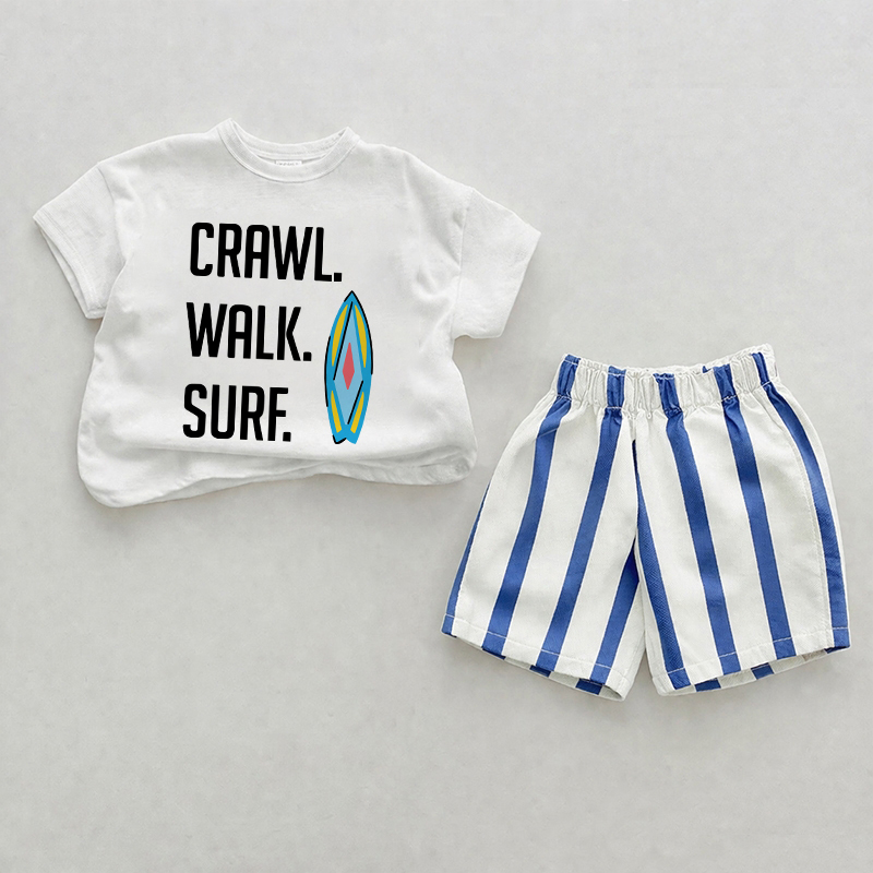 Crawl. Walk. Surf. Baby Blue Vertical Striped 2-piece Shorts Set - White&Blue - 2-3T - image 1