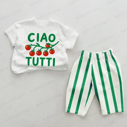 CIAO TUTTI Baby Tomato Green Vertical Striped 2-piece Set - White&Green - 2-3T - image 1