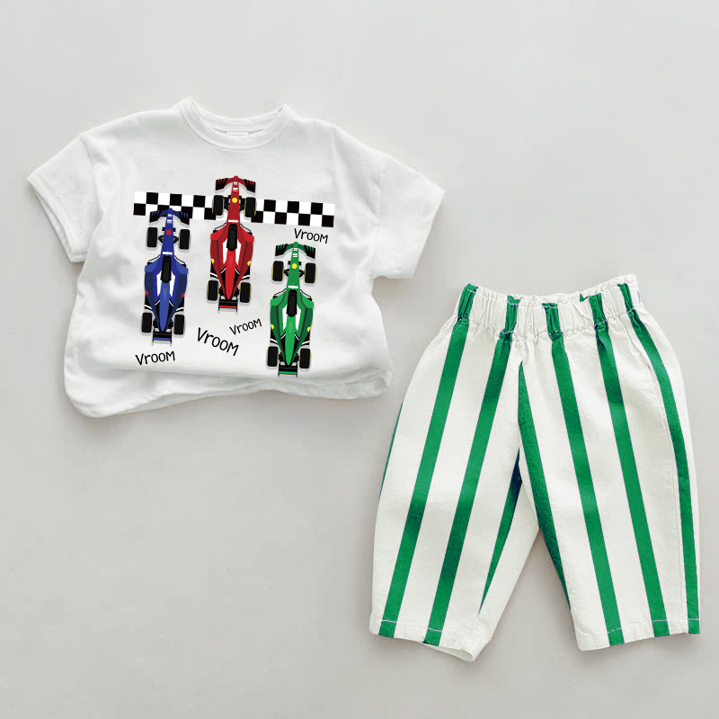VROOM Baby Green Race Car Print Striped 2-piece Set - Green&White - 2-3T - image 1