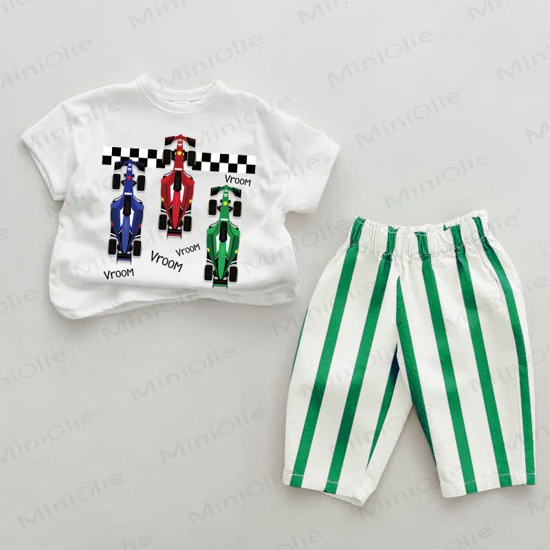VROOM Baby Green Race Car Print Striped 2-piece Set - Green&White - 2-3T - image 1