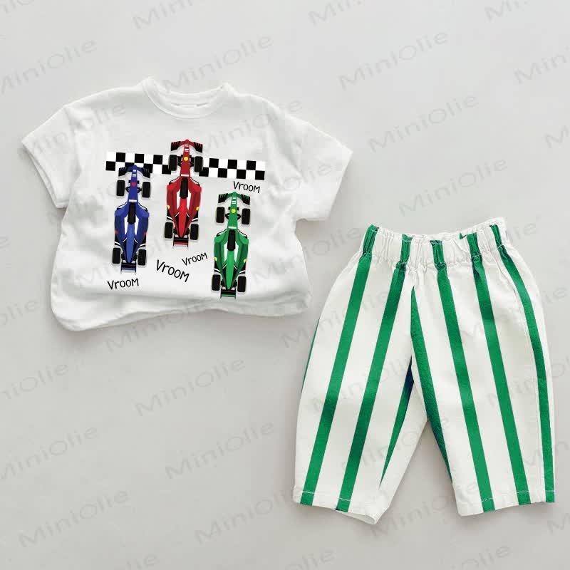 VROOM Baby Green Race Car Print Striped 2-piece Set - Green&White - 2-3T - image 1