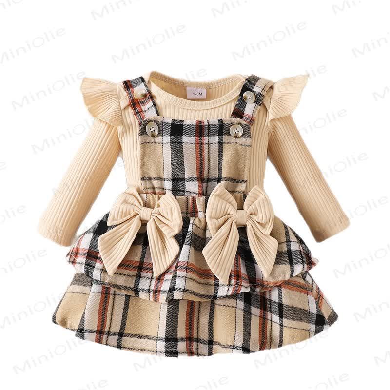 Baby Girl Bow Plaid Flying Sleeves Romper Knit Dress - image 4