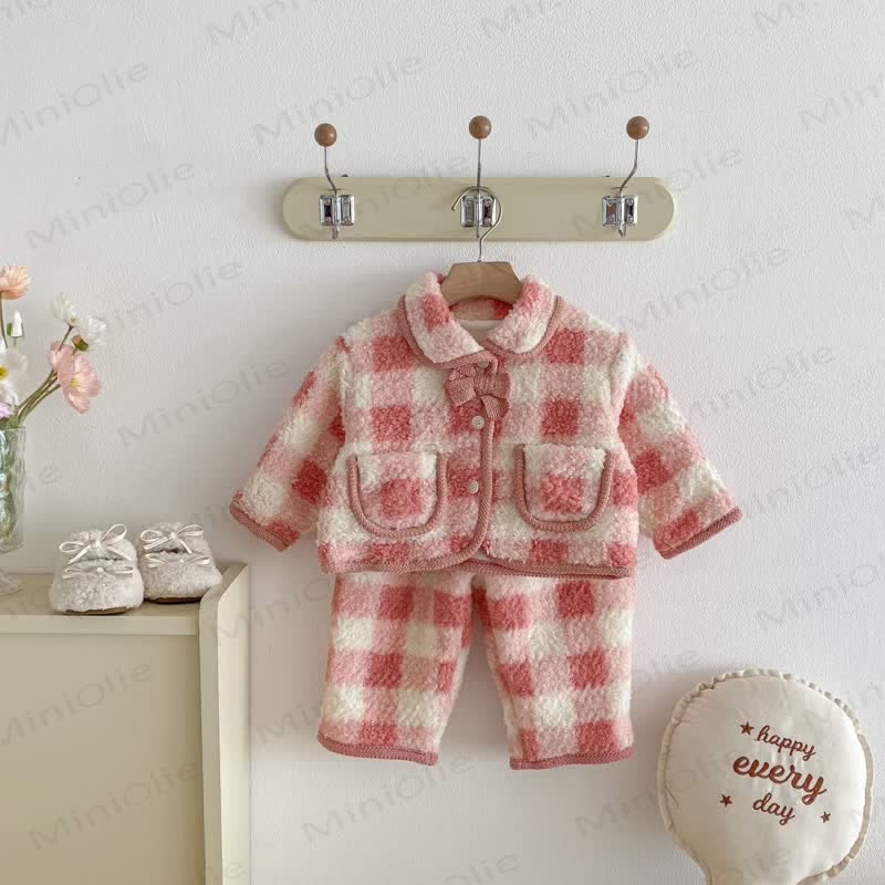 Baby Toddler Girl Fleece Red White Check Outerwear & Pants - image 4