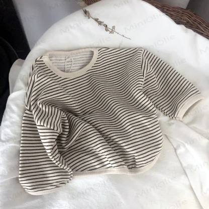 Kid Boy Striped Crew-neck Long Sleeve Top - Beige - 8-9T - image 3