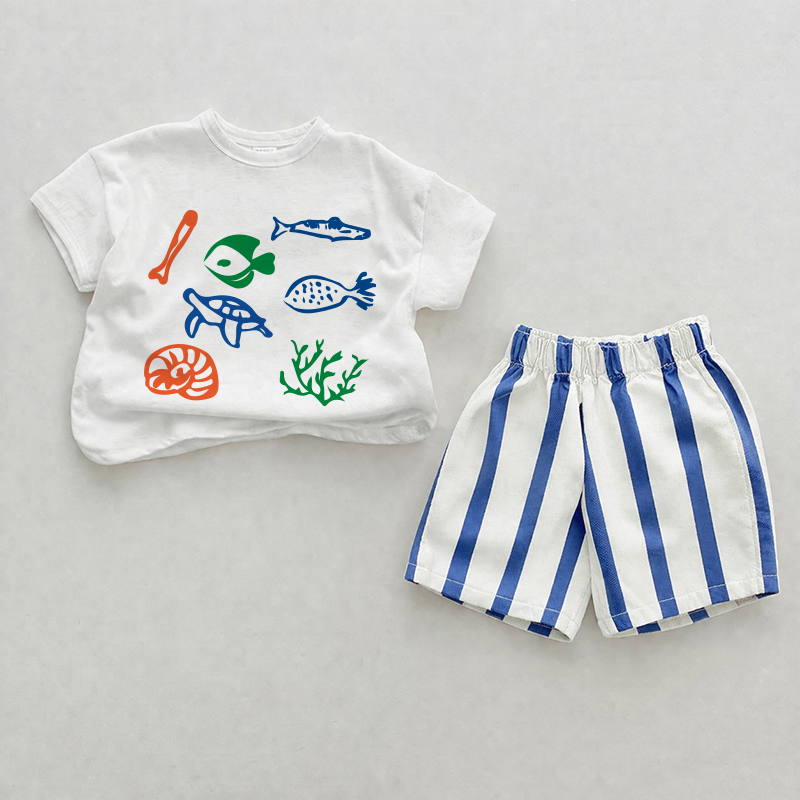 Baby Ocean Elements Blue Vertical Striped 2-piece Shorts Set - White&Blue - 2-3T - image 1