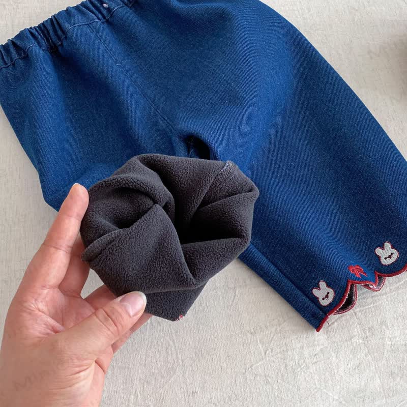 Baby Toddler Embroidered Bunny Bow Fleece Denim Pants - image 7