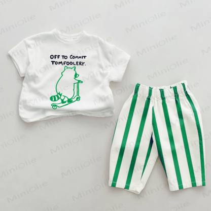 OFF TO COMMIT TOMFOOLERY Baby Green Raccoon Print Vertical Striped 2-piece Set - White&Green - 2-3T - image 1