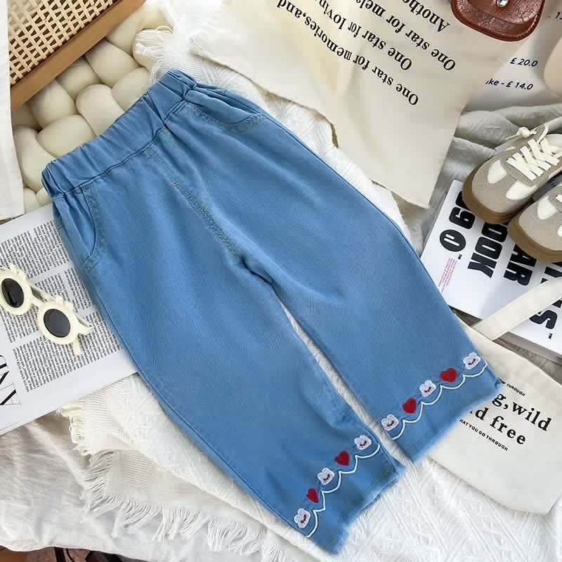 Toddler Girl Heart Embroidered Summer Pants - Blue - 8-9T - image 3