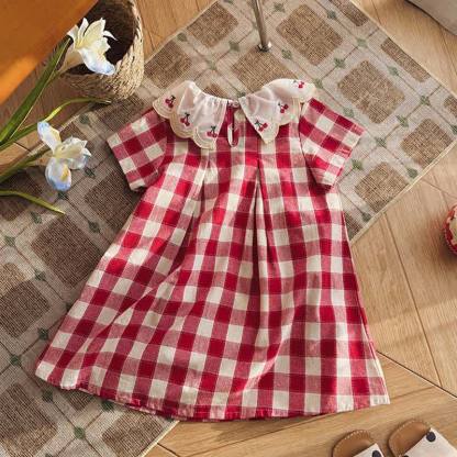 Toddler Girls Cherry Collar Red Gingham Short Sleeves Dress - image 7