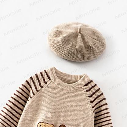 Baby Boy Bear Stripe Long-Sleeve Romper with Matching Beret - image 4