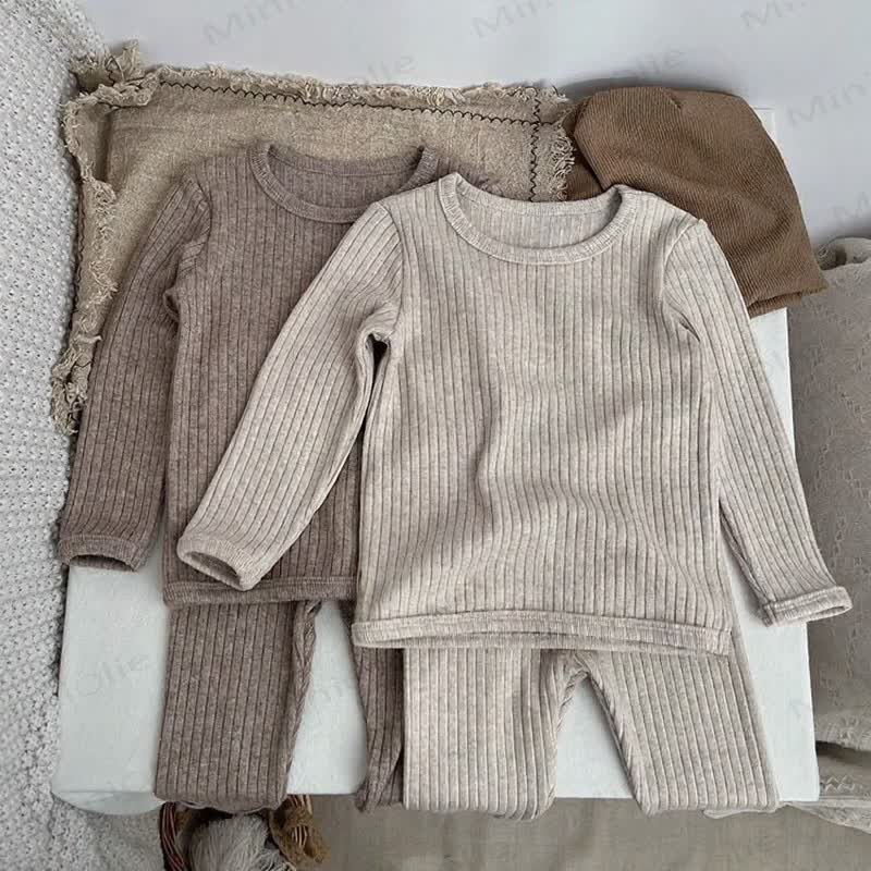 Toddler Baby Solid Color Ribbed Long Sleeve Top and Pants Pyjama Set - image 1
