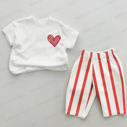 Baby Checkered Heart Pattern Red Vertical Striped 2-piece Set - White&Red - 2-3T - image 1