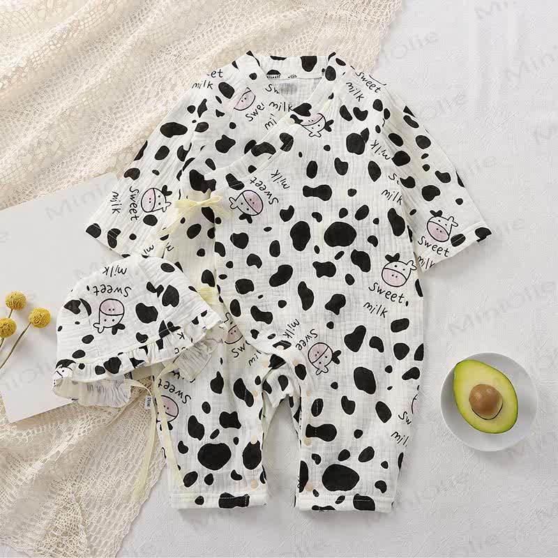 Baby Bear/Floral Gauze Romper with Ruffle Bonnet - Beige Cow - 18-24M - image 12