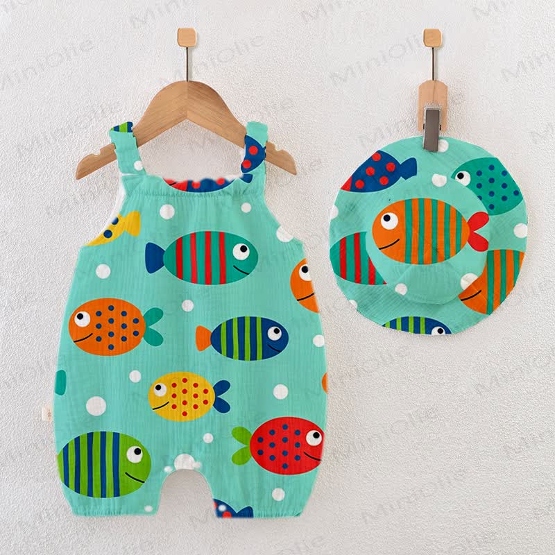 Baby Fish Print Green Jumpsuit with Hat - White - 12-18M - image 1