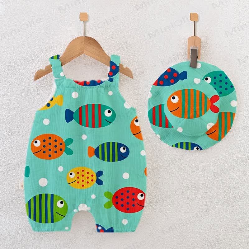 Baby Fish Print Green Jumpsuit with Hat - White - 12-18M - image 1