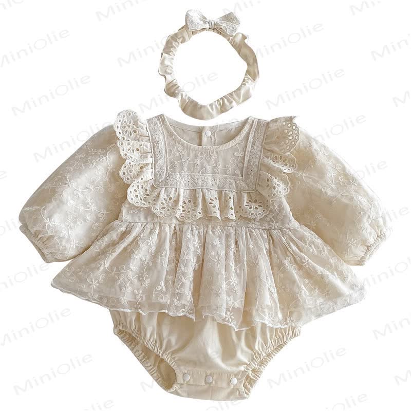 Baby Lace Skirted Beige Bodysuit with Headband - image 4