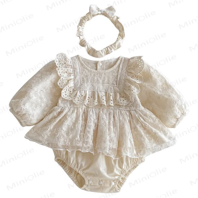 Baby Lace Skirted Beige Bodysuit with Headband - image 4