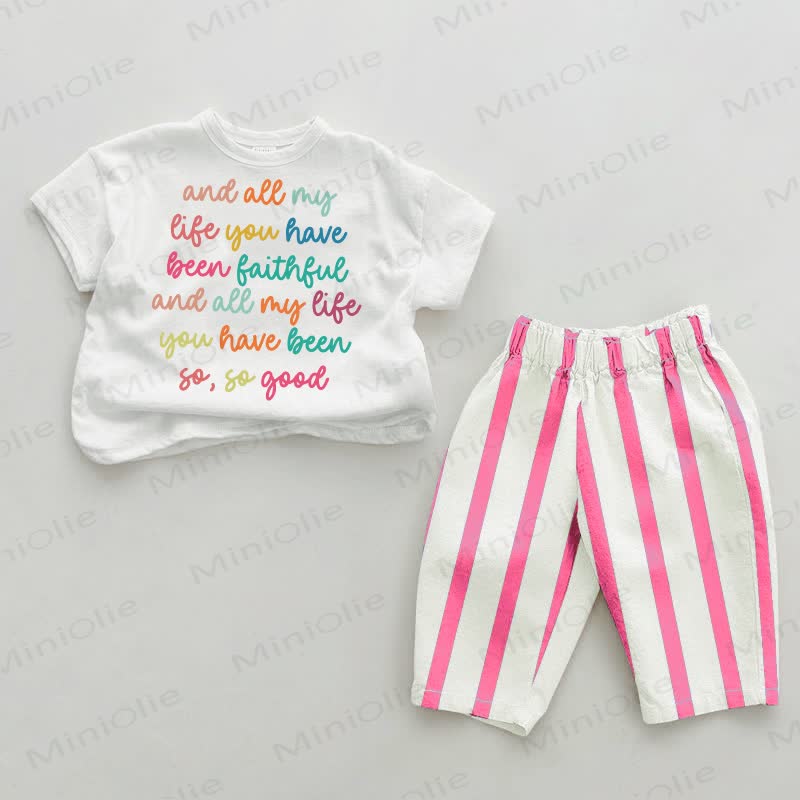 Baby Colorful Words Pattern Pink Vertical Striped 2-piece Set - White&Pink - 2-3T - image 1