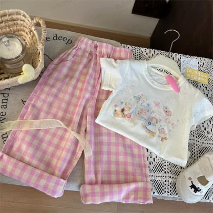 Toddler Cartoon Bear T-Shirt/Pink Plaid Pants - image 2