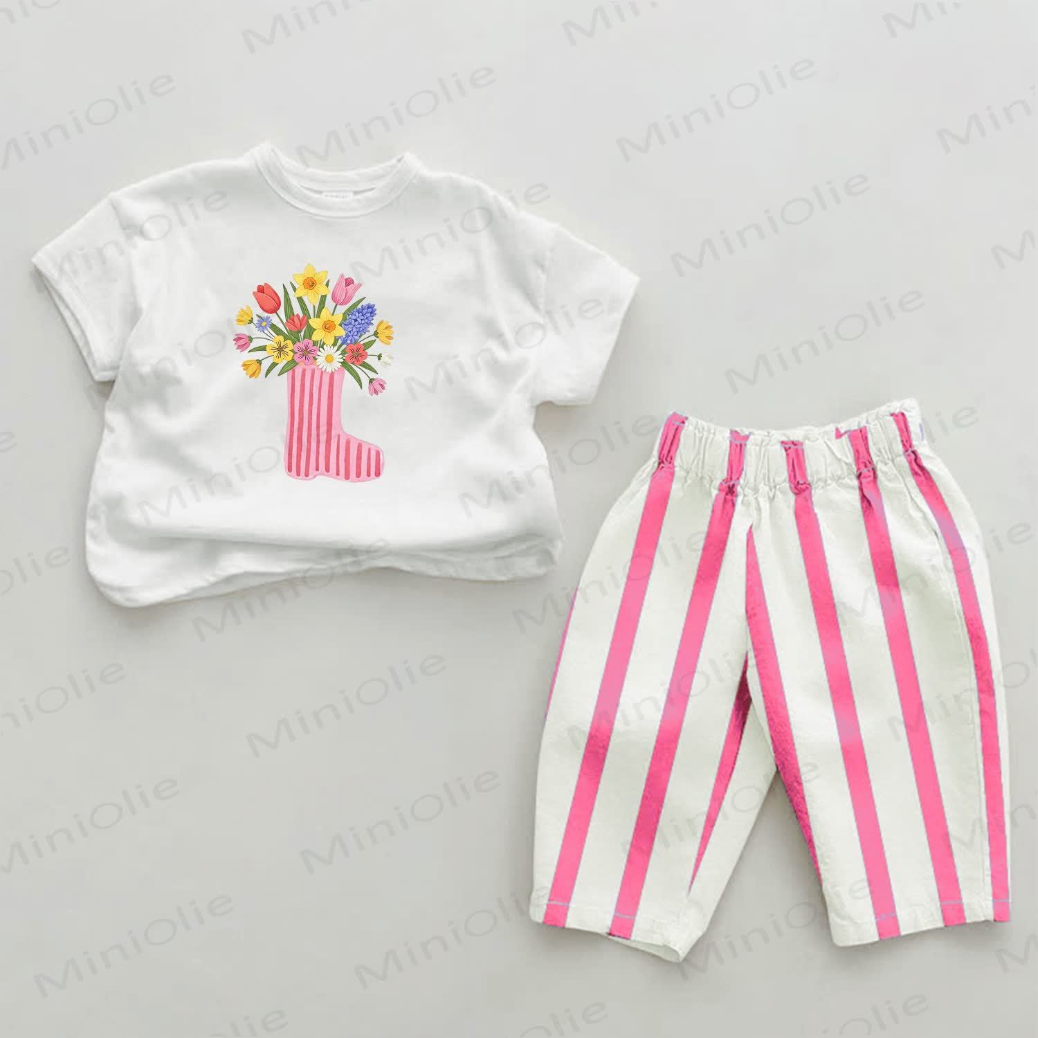 Baby Pink Sock Flower Vertical Striped 2-piece Set - White&Pink - 2-3T - image 1