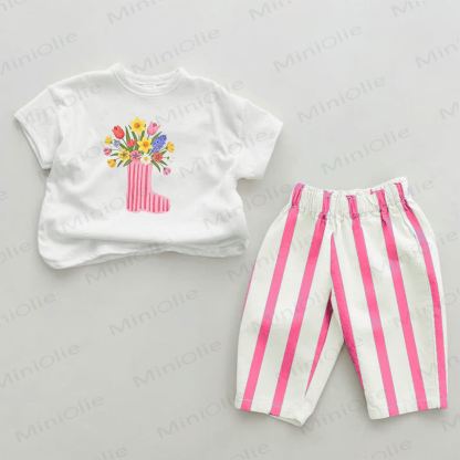 Baby Pink Sock Flower Vertical Striped 2-piece Set - White&Pink - 2-3T - image 1