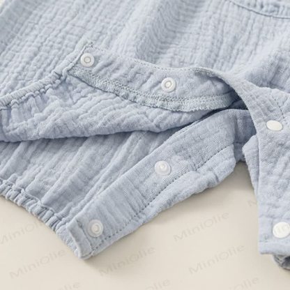 Baby Cotton Blue Crinkle Peach Embroidery Pocket Romper - image 5